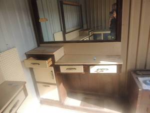 lot 21 image: Vintage wall unit work station 3 drawers  cabinets with mirror