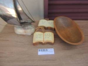 lot 423 image: Sailboat on rock, wood bowl  small plaques