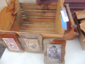 lot 427 image: wood basket x2  and 5 wood plaques
