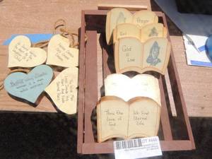 lot 449 image: Wood hearts and bible cutouts with verses