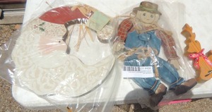 lot 458 image: Wood scarecrow reindeer and moon santa
