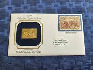 lot 21 image: 1896 reproduction Columbian Exposition Issue - First day issue 22kt gold replica stamp