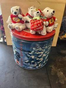 lot 89 image: Large coke themed metal can and 5 stuffed Coke Polar Bears with tags