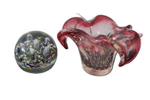 lot 26 image: Murano Art Glass Controlled Bubble Bowl 4x6, and Vintage Paperweight with embossed N on bottom, 3in.