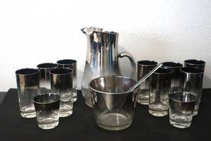 lot 38 image: Vintage MCM Vitreon Queens Lusterware Barware Set, includes pitcher, ice bucket, stir, and glasses. NO chips or cracks.