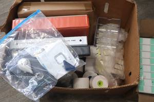 lot 49 image: New Square Reader, Paypal Reader, New Key Chain Alarm, Box of Report Covers, Binders, Labels and other items