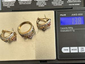 lot 76 image: YP Sterling marked 925 band Ring with Sapphire, Ruby, Emerald Ring and Earrings - see picture for size and weight