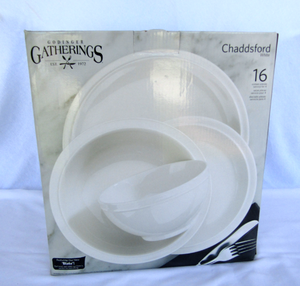 lot 507 image: NIB Godinger Gatherings Chaddsford white 16 piece stoneware servings set. (Matches lot 508)