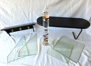 lot 517 image: Galileo thermometer, assorted glass & wood shelves
