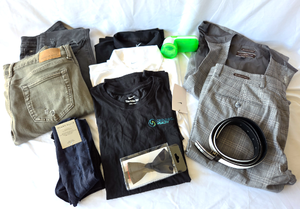 lot 522 image: Nike, Perry Ellis, Joseph Abboud, American Eagle assorted clothing, belt, bow tie and clothing lint shaver