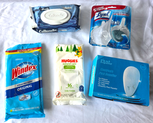 lot 553 image: Huggies, Cottonelle, Windex wipes, Electronic pest Repellers, Lysol bowl cleaner