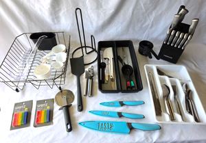 lot 563 image: Assorted kitchen utensils including knives, silverware etc.