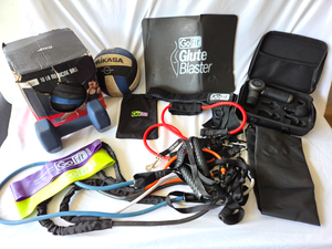 lot 565 image: GoFit Glute buster system, 10lb medicine ball, and other exercise gear