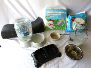 lot 581 image: Dog supplies including dog diapers, foodwater dishes and more