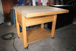 lot 111 image: Butcher block rolling kitchen cart with drop leaf