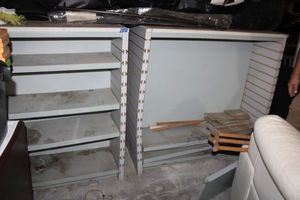 lot 125 image: 3 Wooden two-sided displays or storage cabinets (some brackets included)