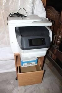 lot 137 image: HP office jet pro 8740 printer with rolling cabinet