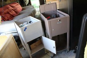 lot 233 image: Two rolling file cabinets filled with craft supplies