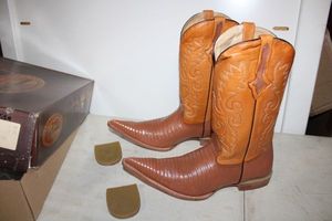lot 34 image: Red Diamond light brown color  boots size 10 (heels need to be attached)