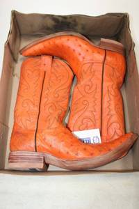 lot 444 image: Herrera mandarin orange color ostrich boots size 7.5