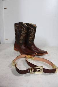 lot 590 image: Red Diamond brown ostrich boots with matching belt size 9.5