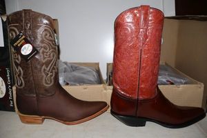 lot 1034 image: Two cowboy boots size 11 with pointed toe chocolate brown and red colors (2 times the money)