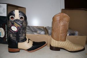 lot 1035 image: Two cowboy boots size 7.5 with square toe black and bone colors (2 times the money)