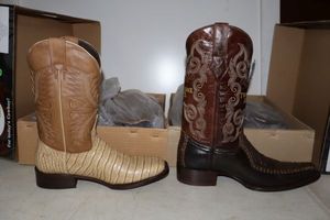 lot 1036 image: Two cowboy boots size 7.5 with square toe chocolate brown and bone colors (2 times the money)