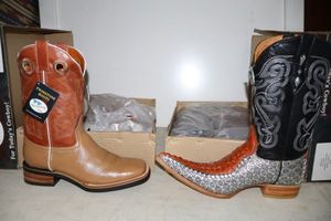 lot 1037 image: Two cowboy boots size 9.5 reddish brown with square toe and pointed toe with black, silver and brown colors (2 times the money)