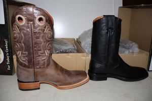 lot 1038 image: Two cowboy boots size 9.5 with square toe chocolate brown and black colors (2 times the money)