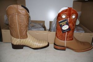 lot 1039 image: Two pairs of cowboy boots size 7 with square toe reddish brown and brown bone colors (2 times the money)