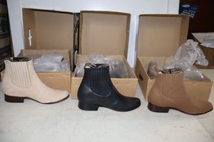 lot 1054 image: Three pairs of short boots size 8 in brown, bone, and black colors (3 times the money)