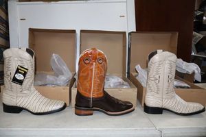 lot 1065 image: Three pairs of cowboy boots size 9 in brown and bone colors (3 times the money)