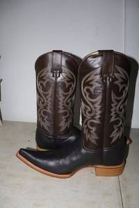 lot 767 image: Old Creek chocolate color boots with pointed toe, size 7.5