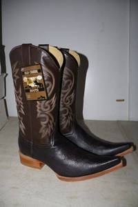 lot 768 image: Old Creek chocolate color boots with pointed toe, size 6.5