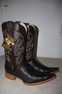 lot 775 image: Old Creek chocolate color boots with pointed toe, size 8.5