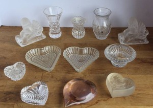 lot 10 image: vintage crystal and glass trinket dishes & frosted glass angel figurine candle holders