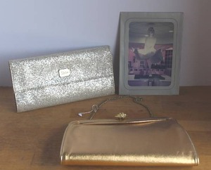 lot 80 image: print of Marilyn Monroe and vintage-style gold evening clutch purse featuring a metallic shimmer finish. And more see pictures for details