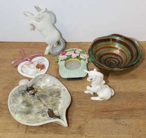 lot 90 image: vintage ceramic unicorn figurines swirl-patterned glass bowl and a leaf-shaped ceramic dish. And more see pictures for details