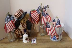 lot 116 image: Patriotic items  a rustic handmade patriotic brown teddy bear and much more see pictures for details