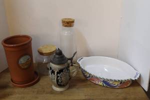 lot 160 image: vintage German beer stein and Vintage Clay Wine Cooler glass containers feature a distinct, rustic cork lid and more see pictures