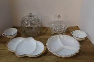 lot 162 image: vintage Anchor Hocking Fire-King milk glass serving pieces and Anchor Hocking clear glass pumpkin-shaped cookie or candy jar with a lid and more see pictures for details