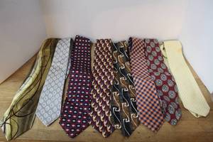 lot 165 image: lot of eight vintage silk mens neckties featuring various designer brands such as rooster,cellini, Tommy Hilfiger,harold powell and more
