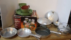 lot 209 image: Camping lot of dishes and pans