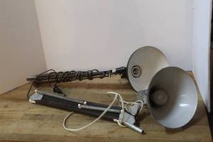 lot 234 image: vintage industrial clamp desk lamps with adjustable spring arms and cone-shaped shades.