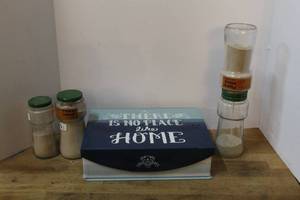 lot 241 image: Hand made hr. Glass and decor box and jars of sand and shells from large island
