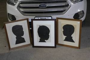 lot 242 image: vintage silhouette portraits feature hand-cut black paper profiles of children mounted on white background in various wooden frames