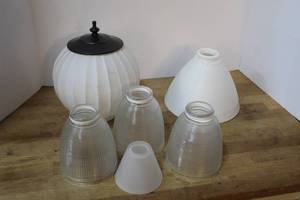 lot 247 image: vintage-style milk glass and frosted glass light shades, including bell and cone shapes