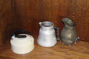 lot 168 image: collection of vintage kitchenware featuring a white enamelware tea kettle, a white enamel pitcher and more