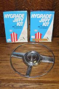 lot 169 image: 1940s Pontiac Banjo steering wheel and horn ring assembly and vintage Hygrade Jiffy Kit